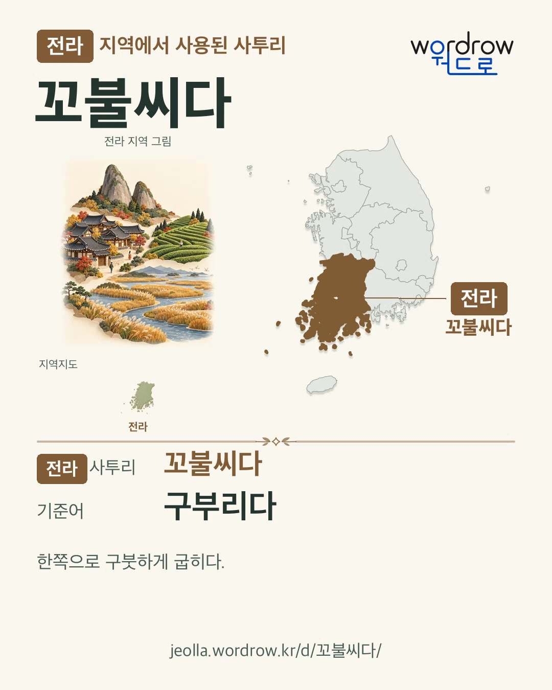 전라 지역에서 사용된 사투리 ‘꼬불씨다’. 기준어: 구부리다. 기록 지역을 표시한 지역 그림과 지도 카드.