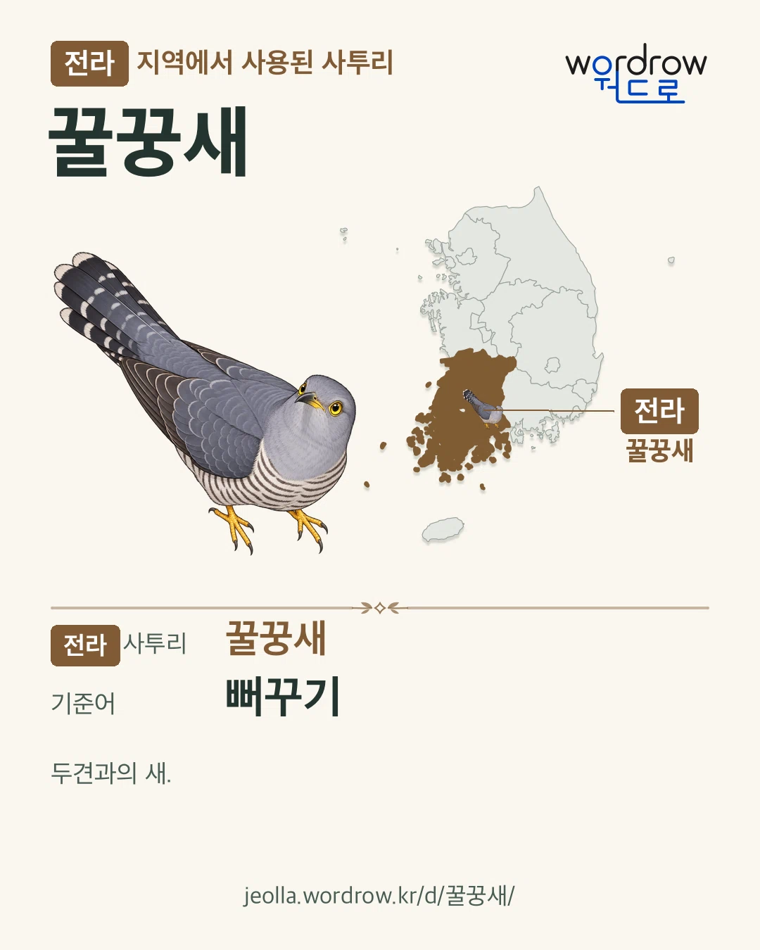 전라 지역에서 사용된 사투리 ‘꿀꿍새’. 기준어: 뻐꾸기. 기록 지역을 표시한 카툰 삽화와 지도 카드.