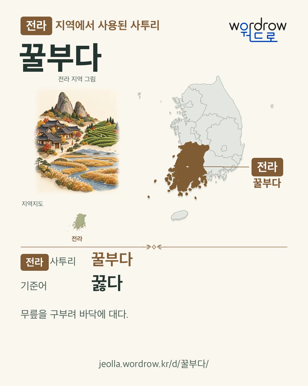 전라 지역에서 사용된 사투리 ‘꿀부다’. 기준어: 꿇다. 기록 지역을 표시한 지역 그림과 지도 카드.