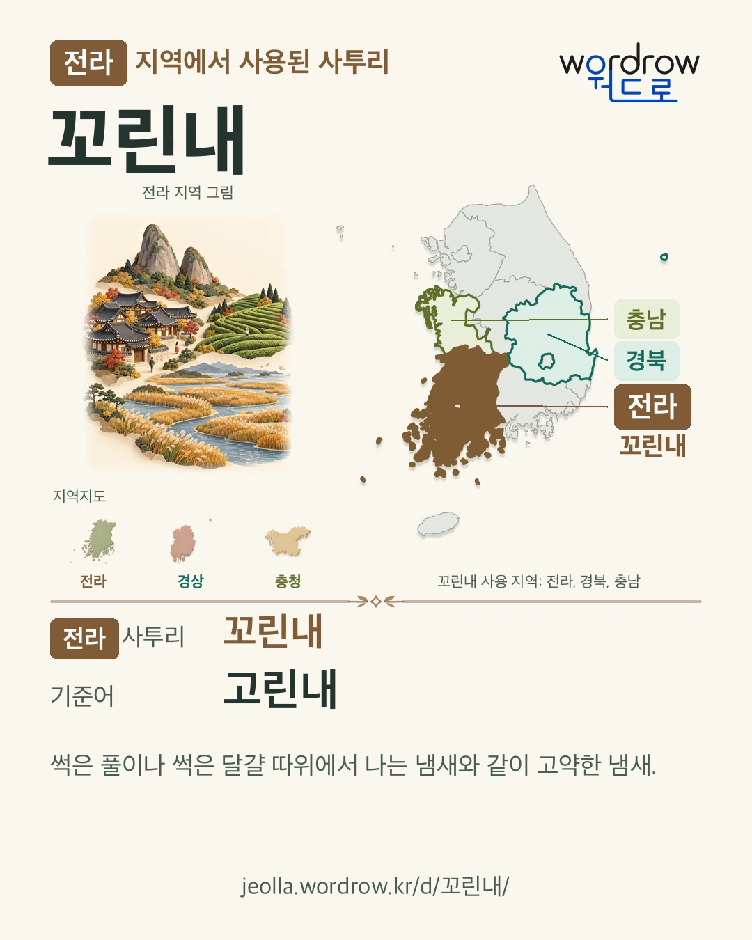 전라 지역에서 사용된 사투리 ‘꼬린내’. 기준어: 고린내. 기록 지역을 표시한 지역 그림과 지도 카드.