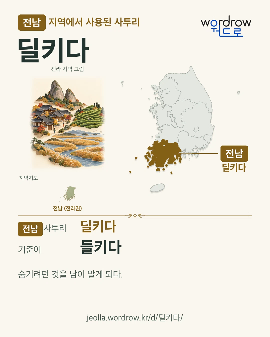 전남 지역에서 사용된 사투리 ‘딜키다’. 기준어: 들키다. 기록 지역을 표시한 지역 그림과 지도 카드.