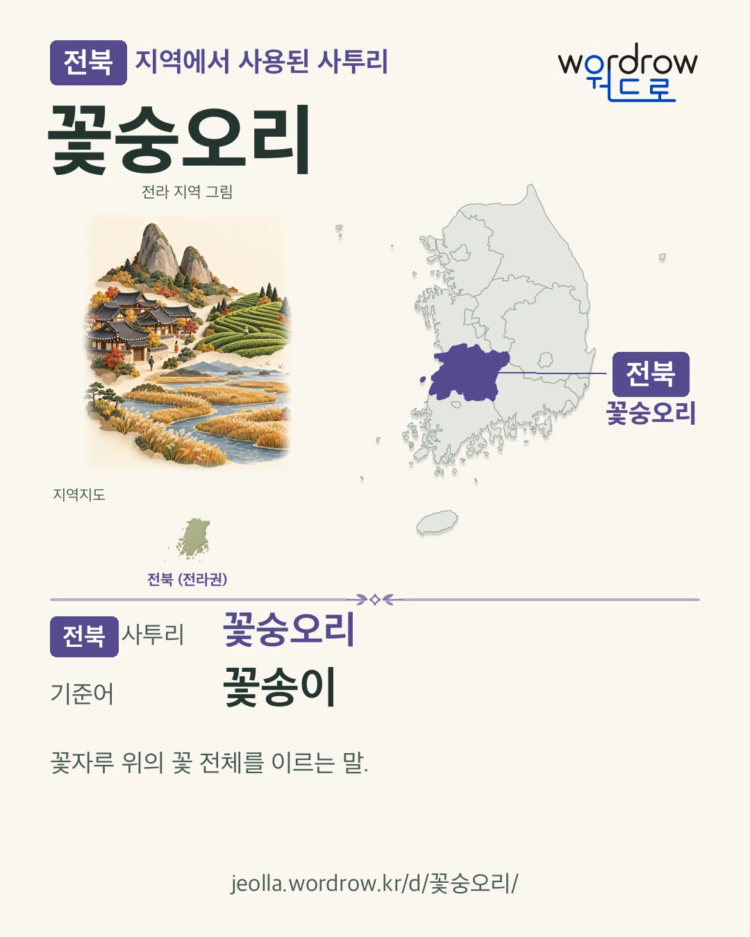 전북 지역에서 사용된 사투리 ‘꽃숭오리’. 기준어: 꽃송이. 기록 지역을 표시한 지역 그림과 지도 카드.