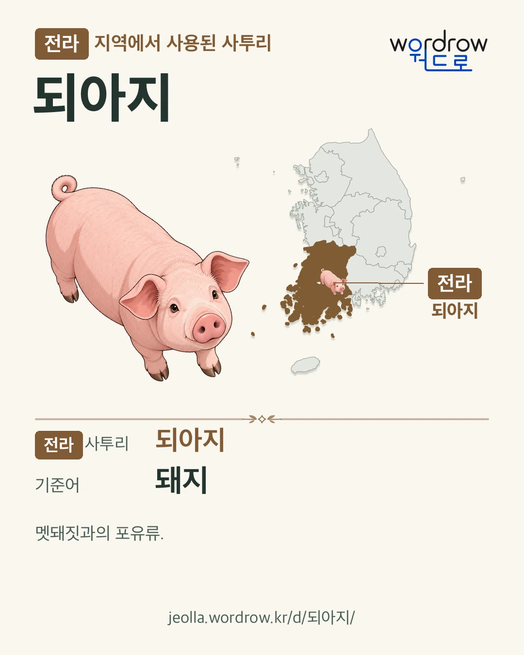 전라 지역에서 사용된 사투리 ‘되아지’. 기준어: 돼지. 기록 지역을 표시한 카툰 삽화와 지도 카드.
