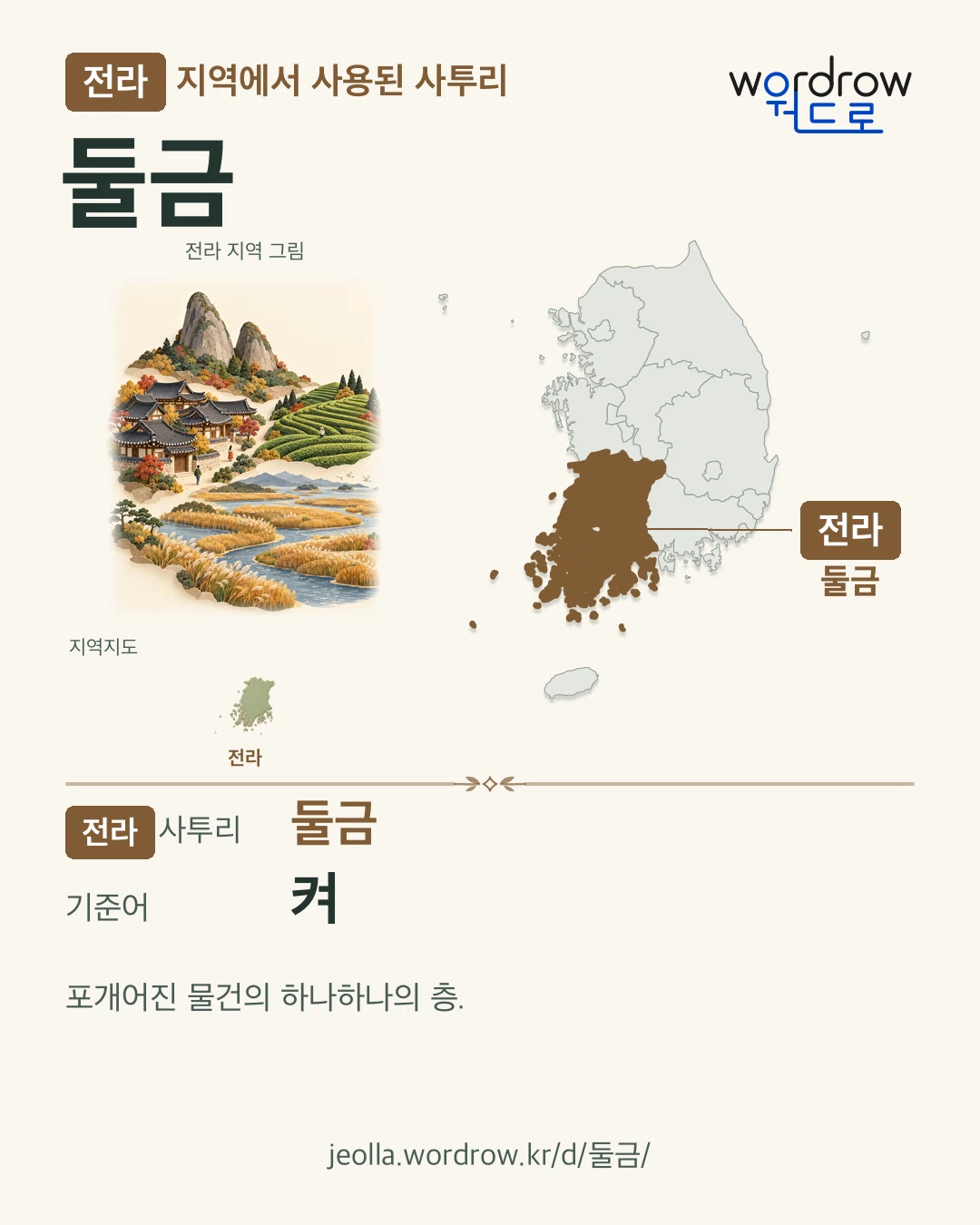 전라 지역에서 사용된 사투리 ‘둘금’. 기준어: 켜. 기록 지역을 표시한 지역 그림과 지도 카드.
