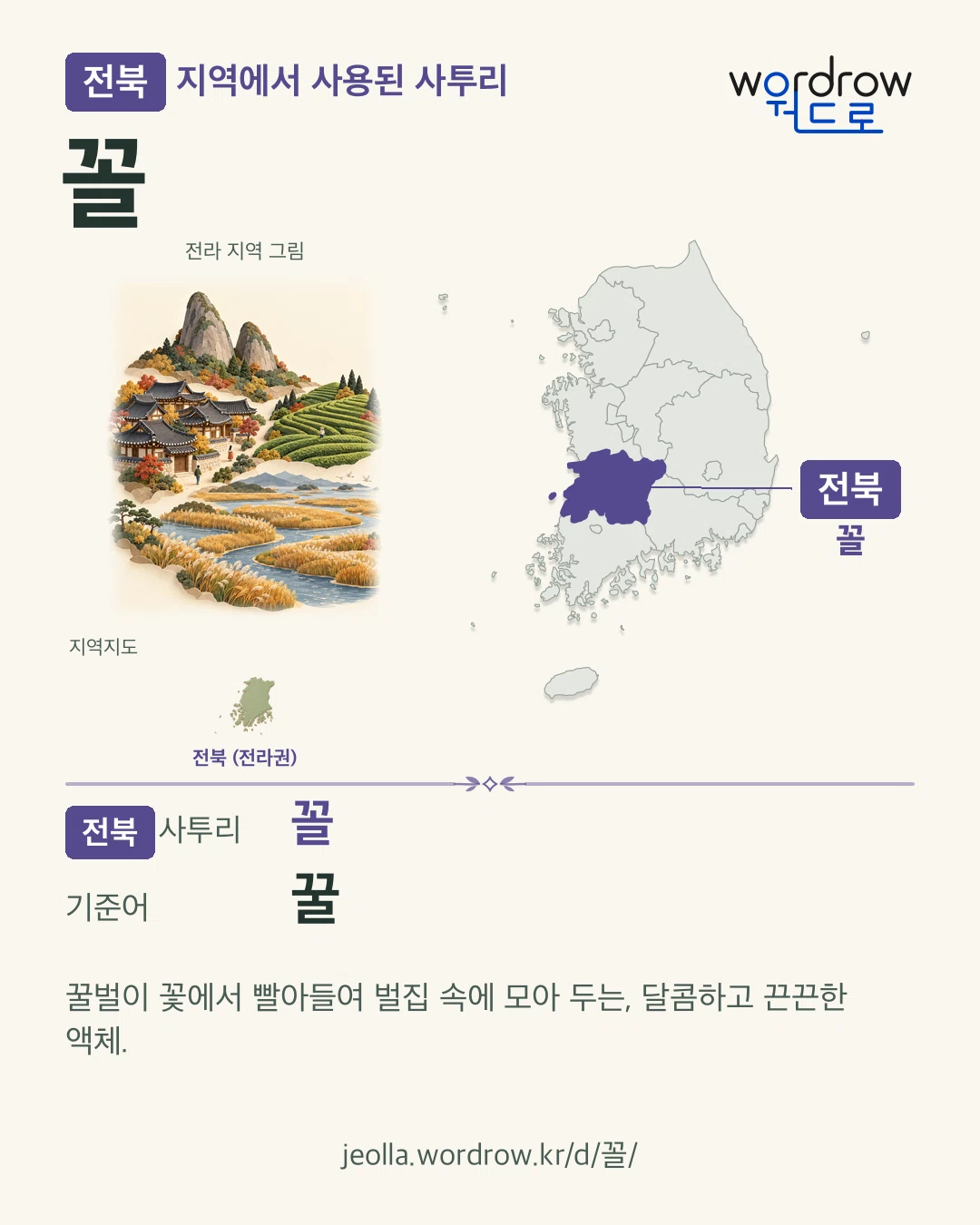 전북 지역에서 사용된 사투리 ‘꼴’. 기준어: 꿀. 기록 지역을 표시한 지역 그림과 지도 카드.