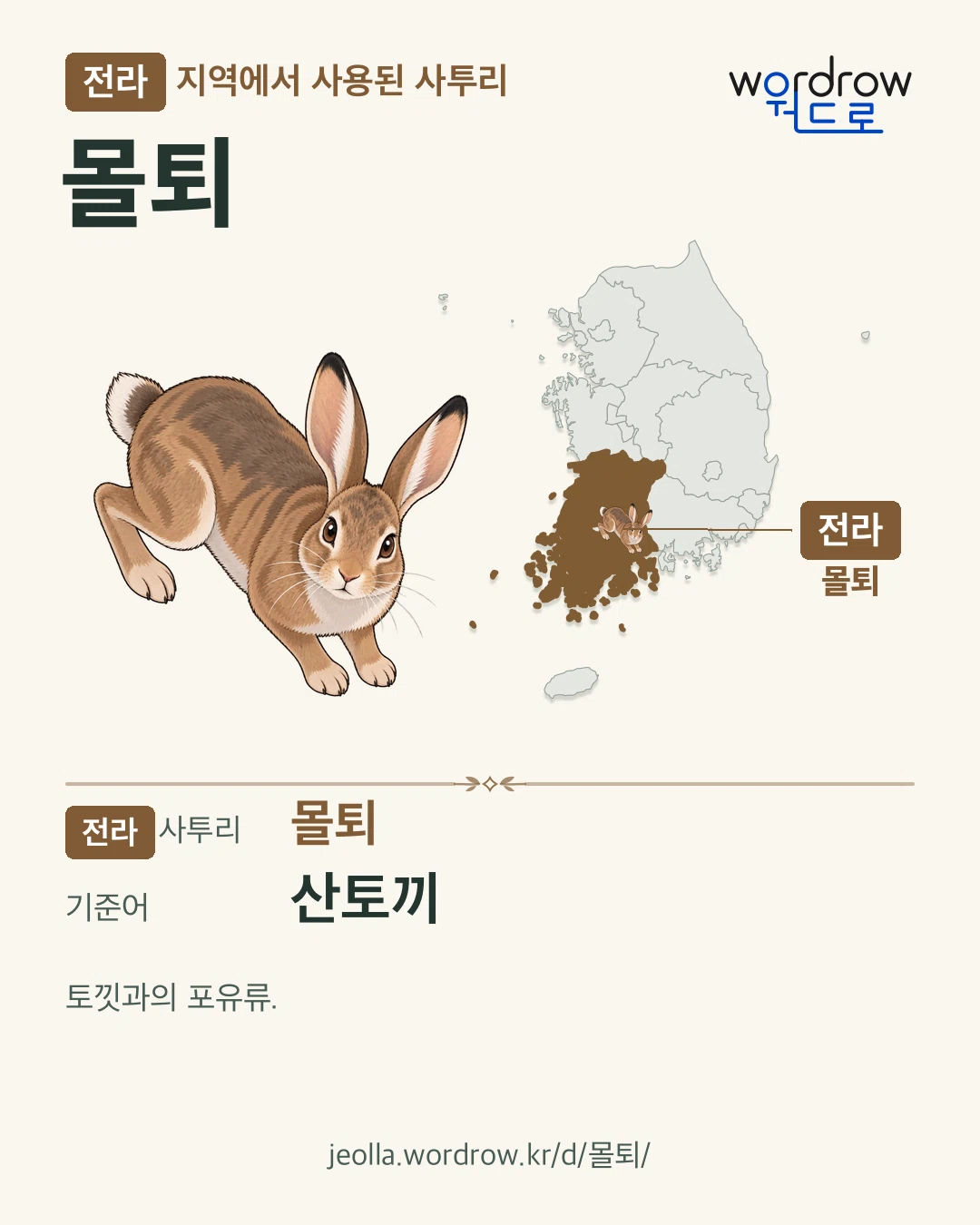 전라 지역에서 사용된 사투리 ‘몰퇴’. 기준어: 산토끼. 기록 지역을 표시한 카툰 삽화와 지도 카드.
