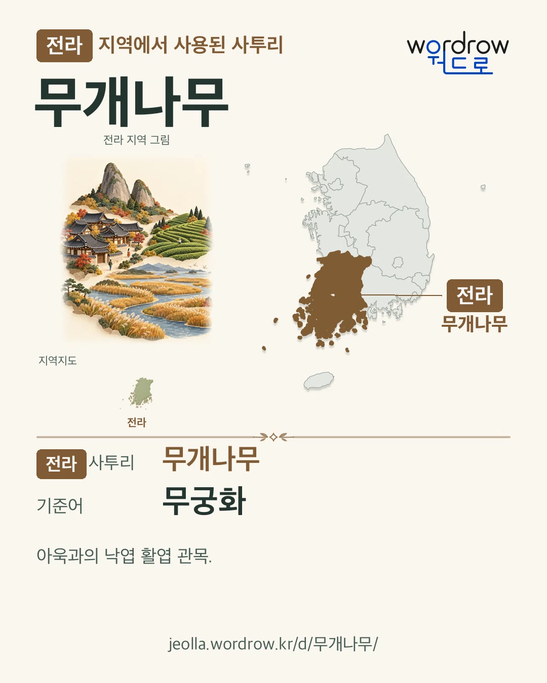 전라 지역에서 사용된 사투리 ‘무개나무’. 기준어: 무궁화. 기록 지역을 표시한 지역 그림과 지도 카드.