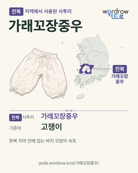 전북 지역에서 사용된 사투리 ‘가래꼬장중우’. 기준어: 고쟁이. 기록 지역을 표시한 카툰 삽화와 지도 카드.