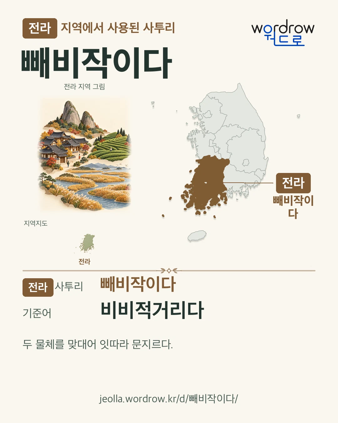 전라 지역에서 사용된 사투리 ‘빼비작이다’. 기준어: 비비적거리다. 기록 지역을 표시한 지역 그림과 지도 카드.
